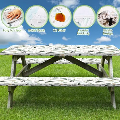 Boao 3 Pcs Vinyl Picnic Table Cover with Bench Cover 6 ft 30 x 72 Inch Waterproof Fitted Tablecloth Flannel Backing Rectangular Elastic Edged for Camping Outdoor Patio Travel(Eucalyptus) - color: Eucalyptus