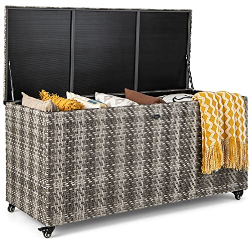 Tangkula 96 Gallon Deck Box, PE Wicker Outdoor Storage Box with 4 Wheels and Waterproof Liner, Outdoor Rectangular Storage Container for Cushions, Garden Tools (Mix Gray) - color: Mix Gray