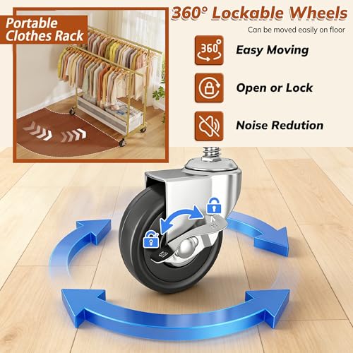 Clothes Rack, Double Rods Clothing Rack, Clothing Racks for Hanging Clothes, Rolling Clothes Rack with Storage Basket & Heavy Duty Wheels, Garment Rack for Bedroom, Laundry Room, Gold - color: Gold