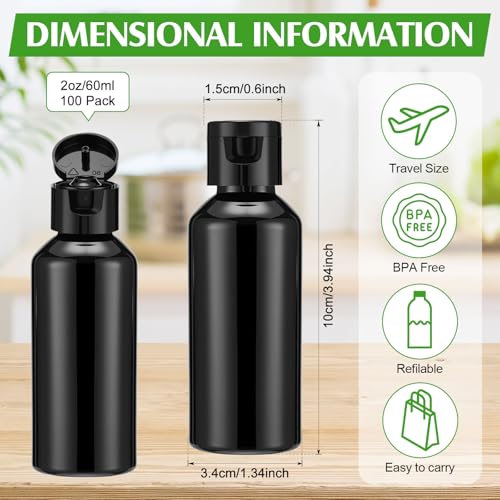 Eccliy 100 Pack 2 oz Plastic Bottles Travel Lotion Bottle Squeeze Container Plastic Bottles with Caps Small Travel Empty Refillable Toiletry Containers for Liquid Lotion Creams with 5 Funnels (Black) - color: Black, size: 2 oz