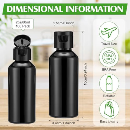 Eccliy 100 Pack 2 oz Plastic Bottles Travel Lotion Bottle Squeeze Container Plastic Bottles with Caps Small Travel Empty Refillable Toiletry Containers for Liquid Lotion Creams with 5 Funnels (Black) - color: Black, size: 2 oz