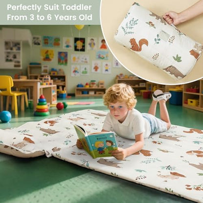 PHF Soft Toddler Nap Mat with Removable Pillow, Rollup Design Kids Sleeping Mat, Slumber Bags for Boys Girls, 50"x20" Toddler Sleeping Bag for Daycare Preschool Travel Camping, Woodland - color: Woodland