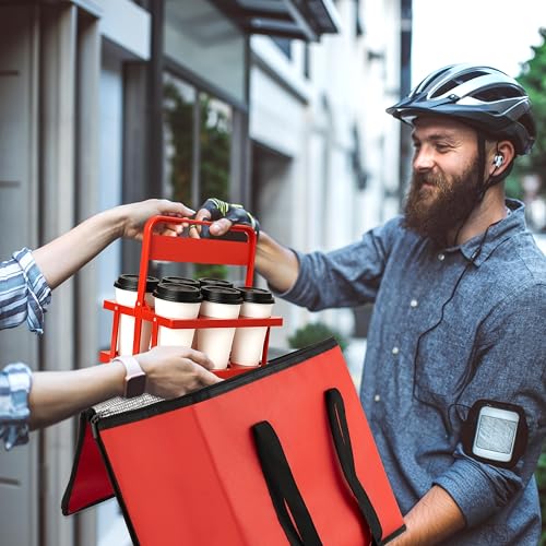 Reusable 6 Cup Drink Carrier with Handle and Insulated Food Delivery Bag, Portable Plastic Cup Caddy, 26L Grocery Cooler Box for Car Delivery, Travel, Picnic - color: Red
