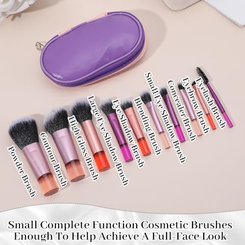 10 Pcs Mini Travel Makeup Brushes Set with Pouch, Short Handle Makeup Brushes for Women Girls Portable Full Complete Function Cosmetic Kit Brush Blush Powder Eye Shadow - color: Purple