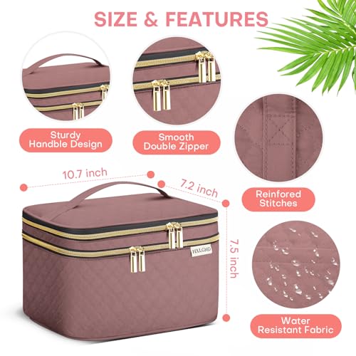 HXLGMD Large Makeup Bag with Mirror Double Layer Travel Make Up Organizer Case, Large Capacity Coemetic Bag with Brush Slot Divider - color: Rosewood