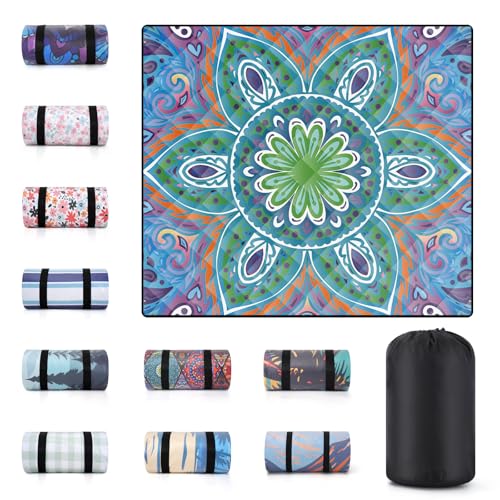 80x80" Large Boho Picnic Blankets Outdoor Water proof Sand proof Beach Blanket Packable Patio Grass Park Camping Mats Camper Hiking Must Haves Gifts Car Road Trip Gear Outside Rv Travel Stuff - color: Blue and Green Mandala, size: 6'8" x 6'8" (Square)