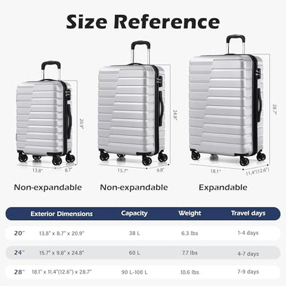 Coolife Luggage Sets, 3 Piece Hard Shell Suitcase Set with Spinner Wheels, Expandable Large Checked Luggage, Lightweight Rolling Carry On with TSA Lock Sliver - color: sliver, size: 3 Piece Set (20in/24in/28in)