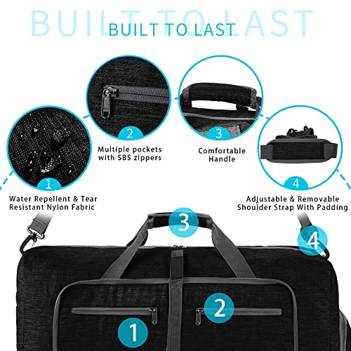 Vomgomfom 65L/85L/115L Foldable Travel Duffle Bag, Lightweight Checked Luggage with Shoe Compartment, Water-Resistant Weekender Overnight Bag for Men & Women - color: Black, size: 65L