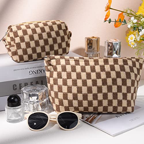 SOIDRAM 2 Pieces Makeup Bag Large Checkered Cosmetic Bag Capacity Canvas Mix Travel Toiletry Bag Organizer Cute Makeup Brushes Aesthetic Accessories Storage Bag for Women, Checkered Mix Brown - color: Brown