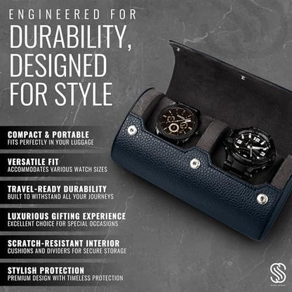 2 Watch Travel Case for Men – Leather Roll Organizer & Storage Box, Fits Watches up to 55mm | Removable Cushions | Gift Ready (Midnight Navy/Charcoal Grey) - color: Midnight Navy / Charcoal Grey