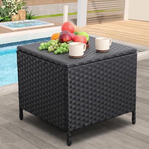 Lviden Outdoor Wicker Storage Side Table, Patio Black PE Rattan End Table with Storage, Square Container for Furniture Covers, Toys, and Gardening Tools - color: Black