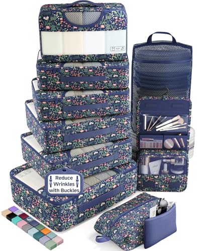 Veken 10 Set Packing Cubes for Travel Essentials,Anti-Wrinkle Buckled Suitcase Organizer for Shoe & Toiletry Bag,Carry On Luggage Bag for Airplane & College Dorm Room Accessories,Women Men Gifts - color: 08 Navy Flower