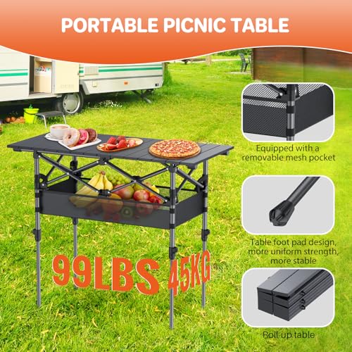 FUNYKICH Folding Camping Table(L32.3''xW15.7''), Aluminum Roll-up Portable Picnic Table with 2 Adjustable Height, Large Storage and Carrying Bag for Picnic, Camping, BBQ, Party, Backyard, Beach - size: 32.3''L x 15.7''W x (17.3''/27.6'')H