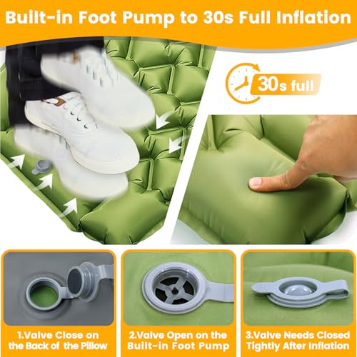 Ultralight Camping Sleeping Pad with Built-in Pillow & Foot Pump, Compact Inflatable Air Mattress for Backpacking, Hiking, Tent, Travel Camp & Outdoor Adventures - color: Green+grey