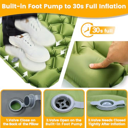 Ultralight Camping Sleeping Pad with Built-in Pillow & Foot Pump, Compact Inflatable Air Mattress for Backpacking, Hiking, Tent, Travel Camp & Outdoor Adventures - color: Green+grey