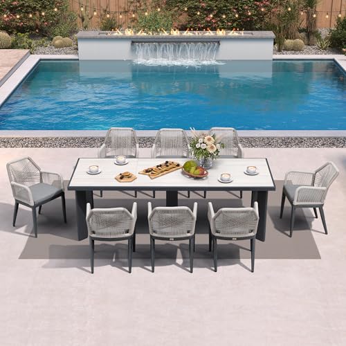 PURPLE LEAF 9 Pieces Patio Dining Set Aluminum Modern Rectangular Table and Rattan Arm Chairs with Cushions for Kitchen Porch Garden Outdoor Furniture Sets, Beige and Dark Grey - color: Beige/Dark Grey-high Armrest, size: 9 PCS, style: Rectangular