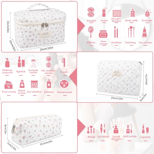Gosect Large Makeup Bag Set, Quilted Makeup Bag, Floral Cosmetic Bag for Women, Cute Cotton Makeup Bags, Flower Travel Toiletry Organizer Bag (white) - color: BYT
