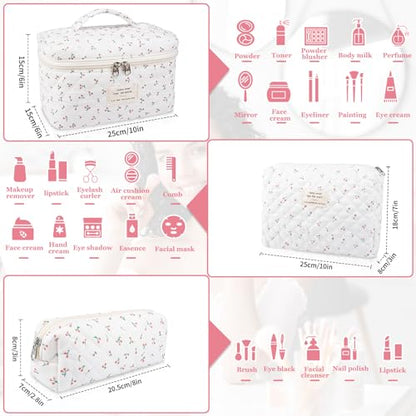 Gosect Large Makeup Bag Set, Quilted Makeup Bag, Floral Cosmetic Bag for Women, Cute Cotton Makeup Bags, Flower Travel Toiletry Organizer Bag (white) - color: BYT