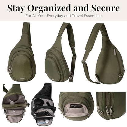 Baggallini Securtex® Anti-Theft Multi Zip Sling - Lightweight 8.6"x15.2" Travel Bag with Locking Zippers & RFID Protection - color: Thyme