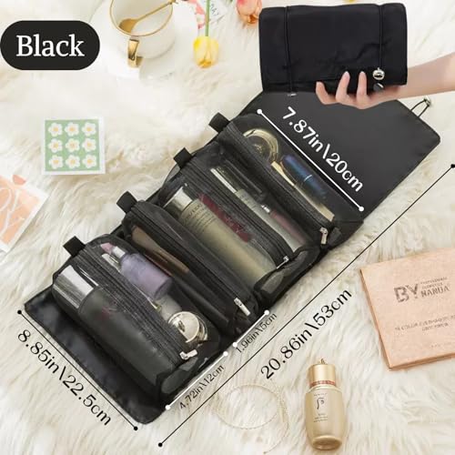 4 in 1 Detachable Roll Up Makeup Bag, Travel Make up Bag Large Capacity, Portable Toiletry Organizer with Mesh Pockets, Foldable Cosmetic Case for Travel, Gym, Home (Black)