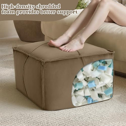 MeMoreCool Stuffed Round Pouf Ottoman Foot Rest, Floor Pouf Foot Stool with Soft Foam Chunk Filling, Small Round Ottoman Footstool Circle Footrest for Living Room - color: Piping Light Coffee