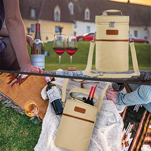 opux 2 Bottle Wine Carrier Tote, Insulated Leakproof Wine Cooler Bag, Wine Travel Bag Tote for Picnic Beach, Portable Wine Bottle Carrying Case, Gift for Wine Lover Women Men Christmas, Cream Beige - color: Cream Beige