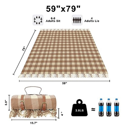 Picnic Blanket Extra Large Waterproof with Strap 59"x79" - Machine Washable Tassels Faux Wool Cashmere for Park, Grass, Camping, Hiking, Concerts (Latte with white shoulder strap, 59"X79") - color: Latte With White Shoulder Strap
