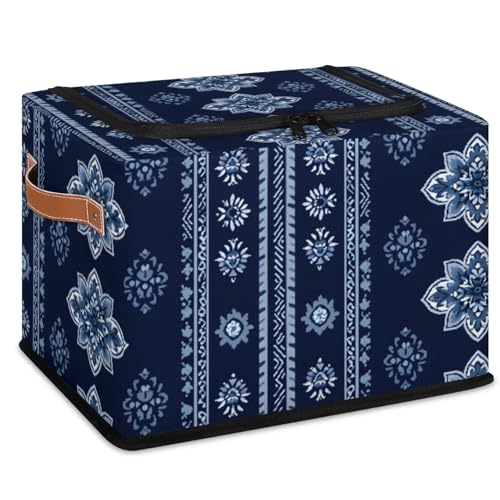 Storage Bins With Zipper Lid, Collapsible Trunk Organizer, Car Organizers and Storage Bins with Lids, Decorative Storage Boxes with Handle, Home Storage Baskets (Tribal-floral Vintage Blue) - color: Tribal-floral Vintage Blue