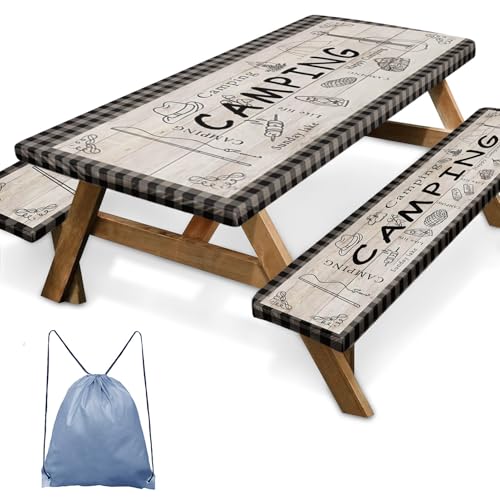 Picnic Table Cover with Bench Covers Elastic Edges, Blue Camper Fitted Table Cover, Outdoor Patio Camping Essentials 72 Inch 3PCS, Waterproof Camping Fitted Tablecloth with Drawstring Bag - color: Blue Plaid, size: 72in