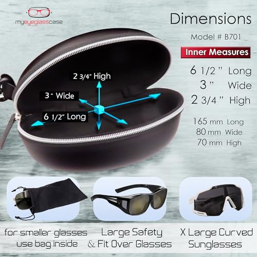 MyEyeglassCase Sports Sunglasses Case and Slim wallet Semi hard large glasses case w/belt clip soft pouch & cloth - color: B701 XL Black/Grey