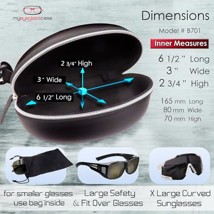 MyEyeglassCase Sports Sunglasses Case and Slim wallet Semi hard large glasses case w/belt clip soft pouch & cloth - color: B701 XL Black/Grey