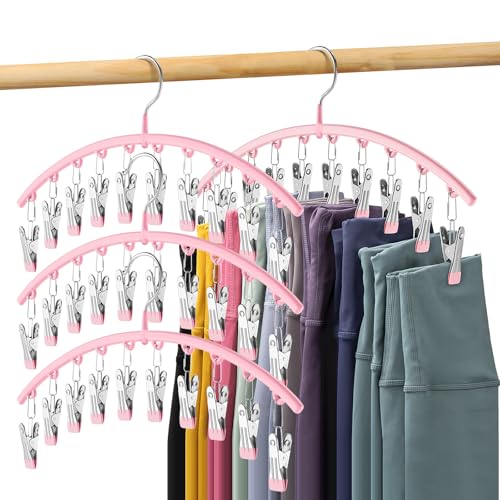 Legging Organizer for Closet, Metal Yoga Pants Hangers 4 Pack w/10 Clips Holds 40 Leggings, Space Saving Hanging Closet Organizer w/Rubber Coated Closet Organizers and Storage, Pink - color: Pink, size: 4 Pack