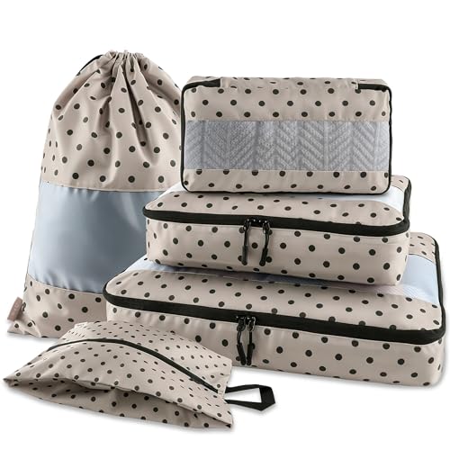 U+U 5 Set Packing Cubes for Travel Essentials Ultralight Luggage Packing Organizers with Laundry Bag and Shoe Bag for Vacation, Business Trip and Camping (Brown Polka Dot) - color: Brown Polka Dot