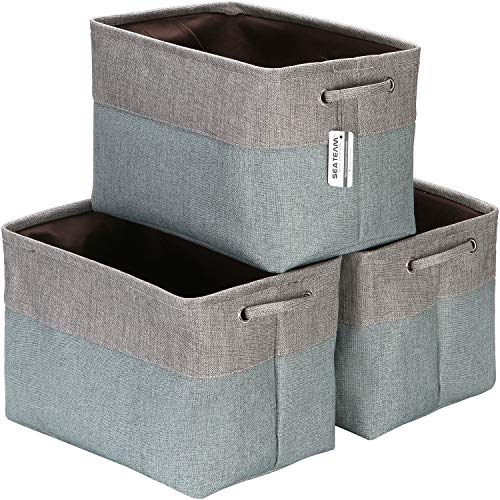 Sea Team 3-Pack Large Storage Basket Set, Trunk Organizer, Clothes Toys Bin, 15 x 10 x 10 Inches, Big Rectangular Canvas Fabric Collapsible Shelf Box with Handles for Kids Room (Grey/Stone Blue) - color: Stone Blue/Grey, size: Medium/15 x 10 x 10"