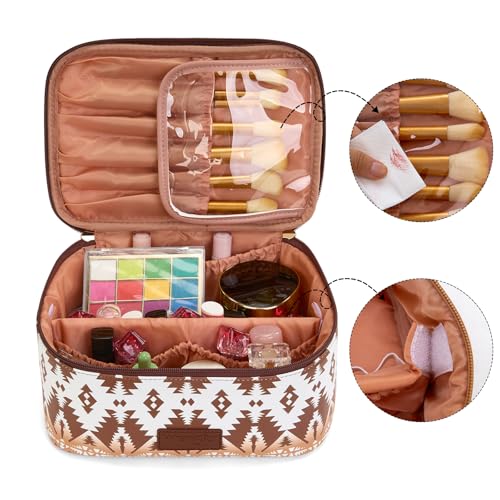 Montana West X Wrangler Travel Makeup Bag 2pcs Set Large Cosmetic Bag with Makeup Brush Holder Portable Make Up Organizer Cute Toiletry Bag with Divider and Handle for Women Aztec - color: Aztec-Coffee