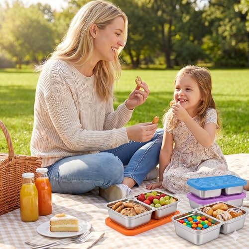 3-Pack Stainless Steel Snack Containers with Lid - 15oz Divided BPA-Free Metal Bento Box - Leak-Proof Reusable Food Storage Containers for Meal Prep Picnic Gym Office - Eco-Friendly, Dishwasher Safe