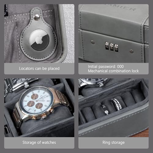 KAMIER Watch Case with Combination Lock - 4 Watch Storage and Jewelry Organizer - Watch Travel Case for Ring and Watch Storage, PU Leather Travel Watch Case, Ideal for Gift (With Gift Box), Grey - color: Grey