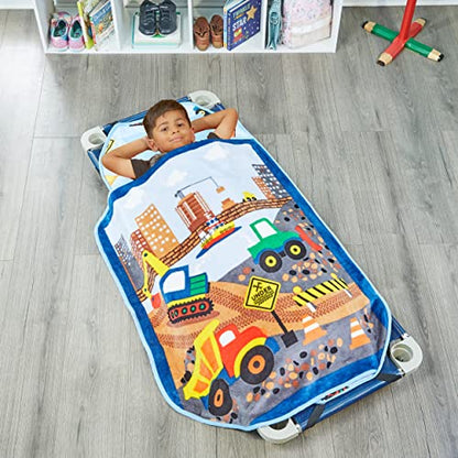 EVERYDAY KIDS Cute Preschooler and Toddler Cot Nap Mat for Home, Daycare, Preschool and Kindergarten; Easy to Roll Sleeping Mat with Elastic Straps, Pillow and Blanket - color: Construction Cot Nap Mat