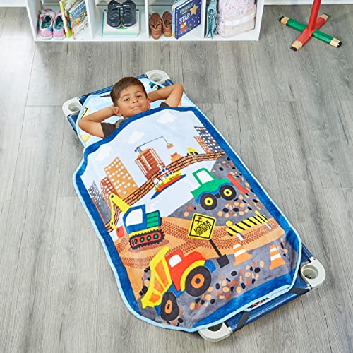 EVERYDAY KIDS Cute Preschooler and Toddler Cot Nap Mat for Home, Daycare, Preschool and Kindergarten; Easy to Roll Sleeping Mat with Elastic Straps, Pillow and Blanket - color: Construction Cot Nap Mat