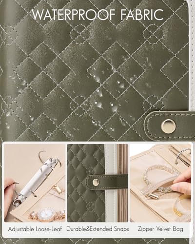 VLANDO Travel Jewelry Organizer Case,Mom Gifts from Daughter,Jewelry Storage Book Ring Binder with Clear Zipper Velvet Jewelry Pouch Bag,Travel Essentials for Rings,Necklace,Earrings-Olive Green - color: 03.Olive Green