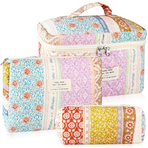 URSKYTOUS 3Pc Cotton Quilted Makeup Bags for Women Large Small Coquette Floral Travel Cosmetic Bag Set Aesthetic Cute Flower Makeup Pouch Portable Toiletry Bag Puffy Essential Storage Organizer Bag - color: MN 3PCS Mixed Floral