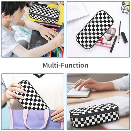 Perinsto Black And White Checkered Pencil Case Big Capacity Multi Compartment Stationery Box Racing Checkerboard Pencil Pouch Holder Desk Organizer For School Office Home - color: Black And White Checkered