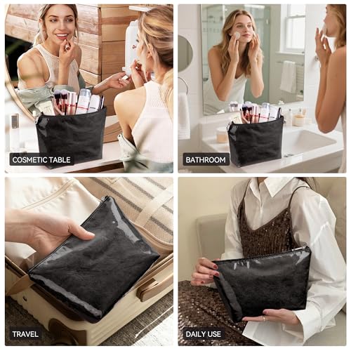 WLLWOO PVC Waterproof Makeup Bag Kraft Paper Cosmetic Bag Travel Toiletry Zipper Pouch Organizer for Women Purse - color: PVC-Black