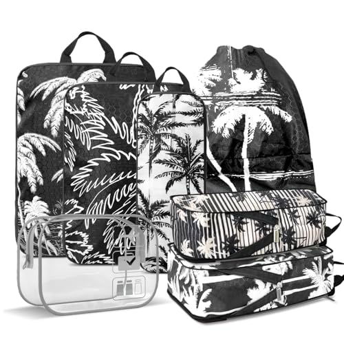 Tropical Palm Tree Travel Packing Cubes Set (7 Piece) - Essential Bag for Clothes Shoes Cosmetics Toiletry - Perfect Business Trip Accessories - color: Black-6