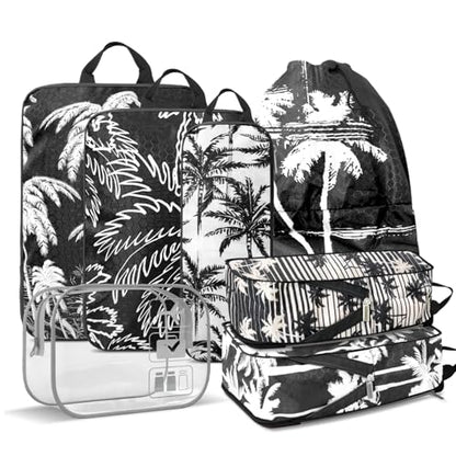 Tropical Palm Tree Travel Packing Cubes Set (7 Piece) - Essential Bag for Clothes Shoes Cosmetics Toiletry - Perfect Business Trip Accessories - color: Black-6