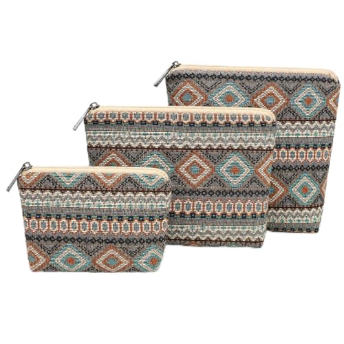 Small Cosmetic Bag Set of 3 for Purse, Cute Cotton Floral Makeup Bags, Small Makeup Bag Organizer, Cosmetic Pouch Set for Travel & Daily Use - color: Boho Geometric