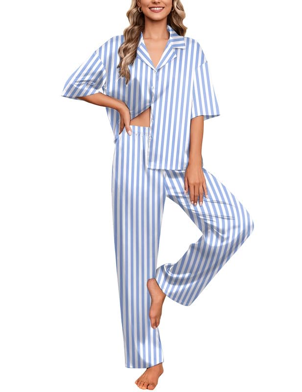 Ekouaer Silk Satin Pajamas Set Women Short Sleeve Pj Sets Button Down Sleepwear 2 Piece Soft Loungewear S-XXL - color: Blue Stripes, size: Small