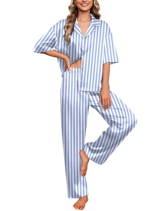 Ekouaer Silk Satin Pajamas Set Women Short Sleeve Pj Sets Button Down Sleepwear 2 Piece Soft Loungewear S-XXL - color: Blue Stripes, size: Large