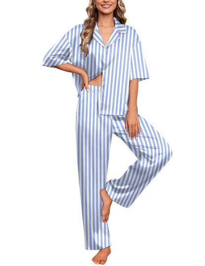 Ekouaer Silk Satin Pajamas Set Women Short Sleeve Pj Sets Button Down Sleepwear 2 Piece Soft Loungewear S-XXL - color: Blue Stripes, size: XX-Large