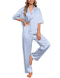 Ekouaer Silk Satin Pajamas Set Women Short Sleeve Pj Sets Button Down Sleepwear 2 Piece Soft Loungewear S-XXL - color: Blue Stripes, size: X-Large